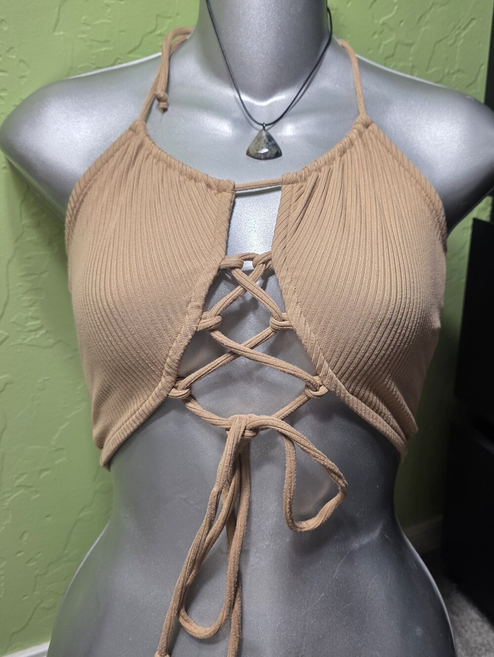 Tan Boho Summer Festival Crop Shirt Tie String Tank Top Size Small